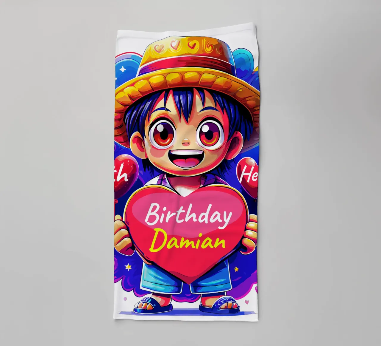 Luffy Anime Birthday Holding Heart Balloon - Custom All Text towel by Artnesia
