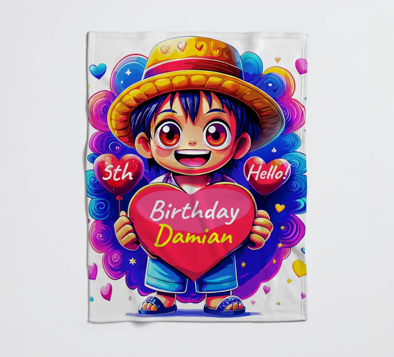 Luffy Anime Birthday Holding Heart Balloon - Custom All Text fleece blanket by Artnesia
