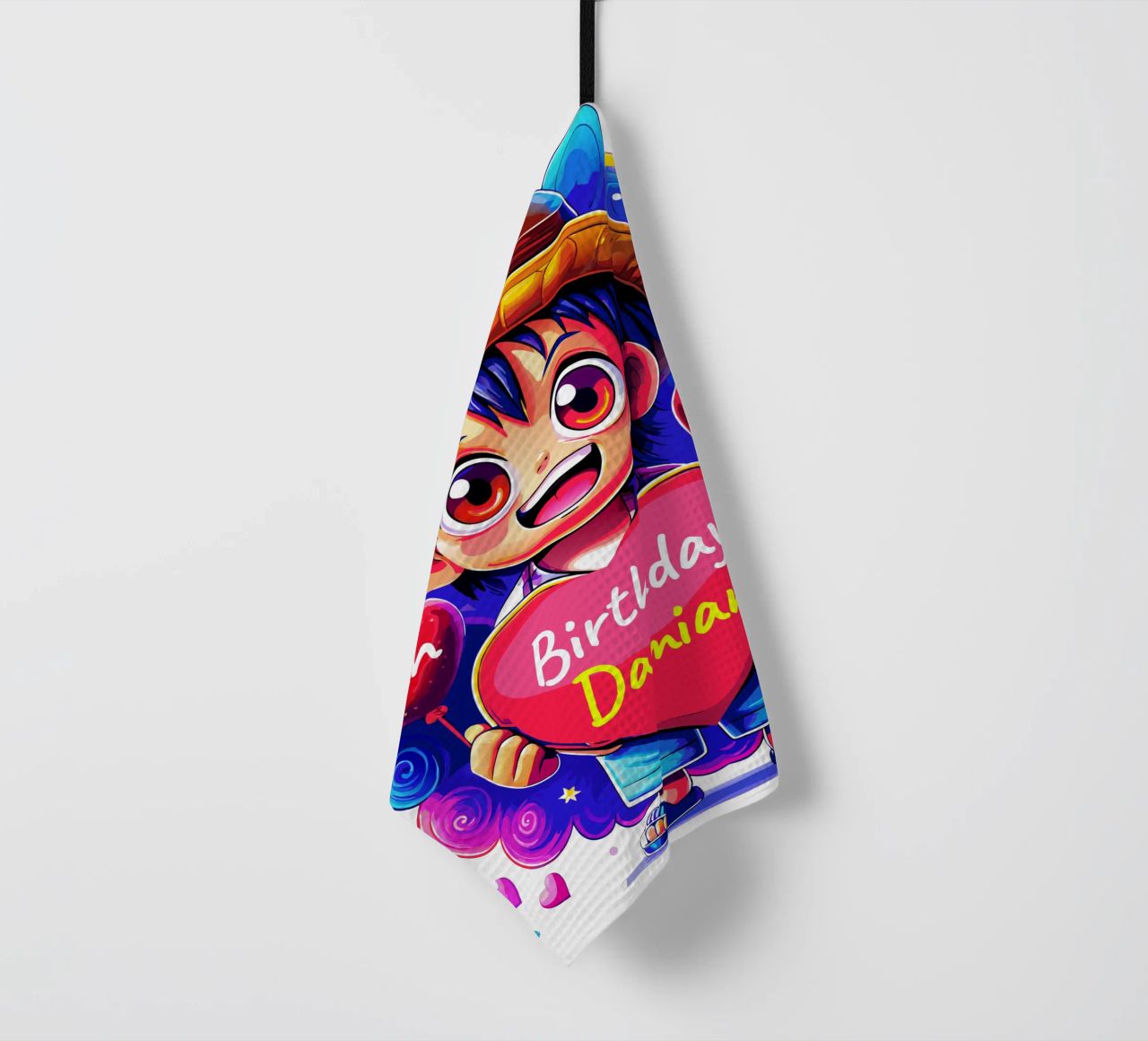 Luffy Anime Birthday Holding Heart Balloon - Custom All Text torchon de Artnesia