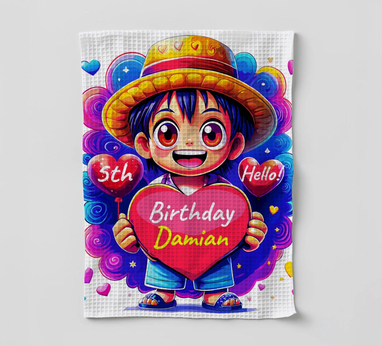 Luffy Anime Birthday Holding Heart Balloon - Custom All Text torchon de Artnesia