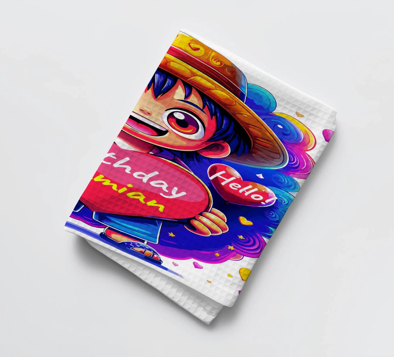 Luffy Anime Birthday Holding Heart Balloon - Custom All Text torchon de Artnesia