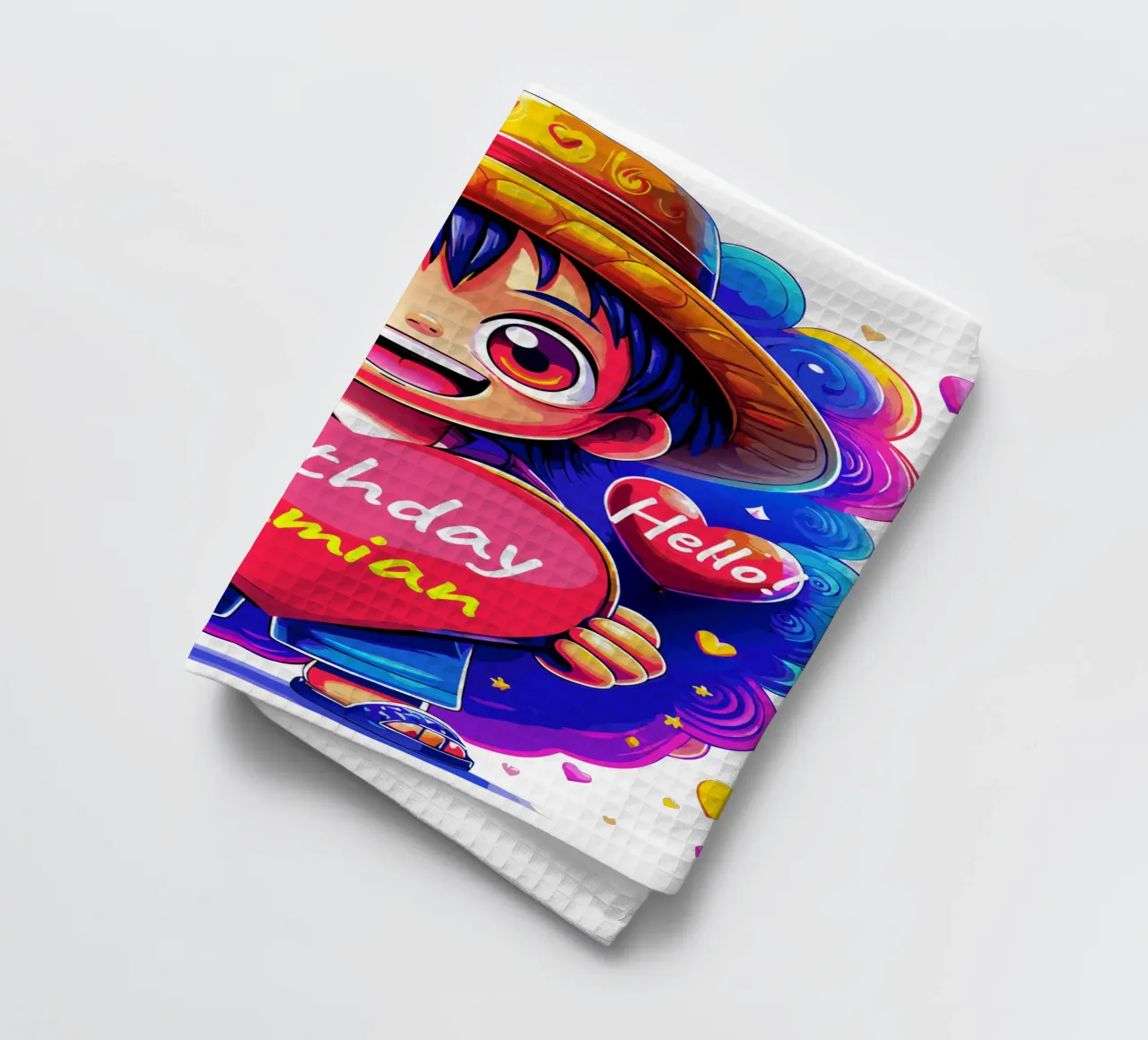 Luffy Anime Birthday Holding Heart Balloon - Custom All Text canovaccio da cucina da Artnesia