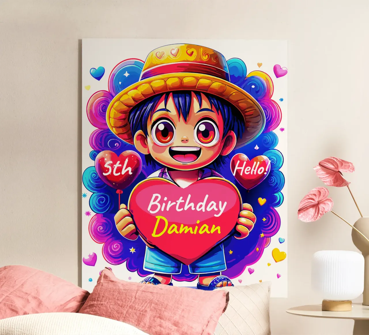 Luffy Anime Birthday Holding Heart Balloon - Custom All Text acrylic glass by Artnesia