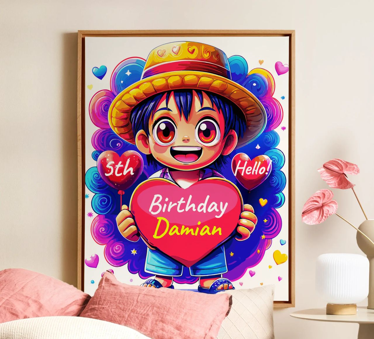 Luffy Anime Birthday Holding Heart Balloon - Custom All Text Leinwand von Artnesia