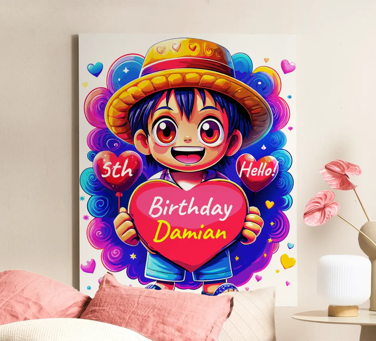 Luffy Anime Birthday Holding Heart Balloon - Custom All Text tela con Cornice a cassetta da Artnesia