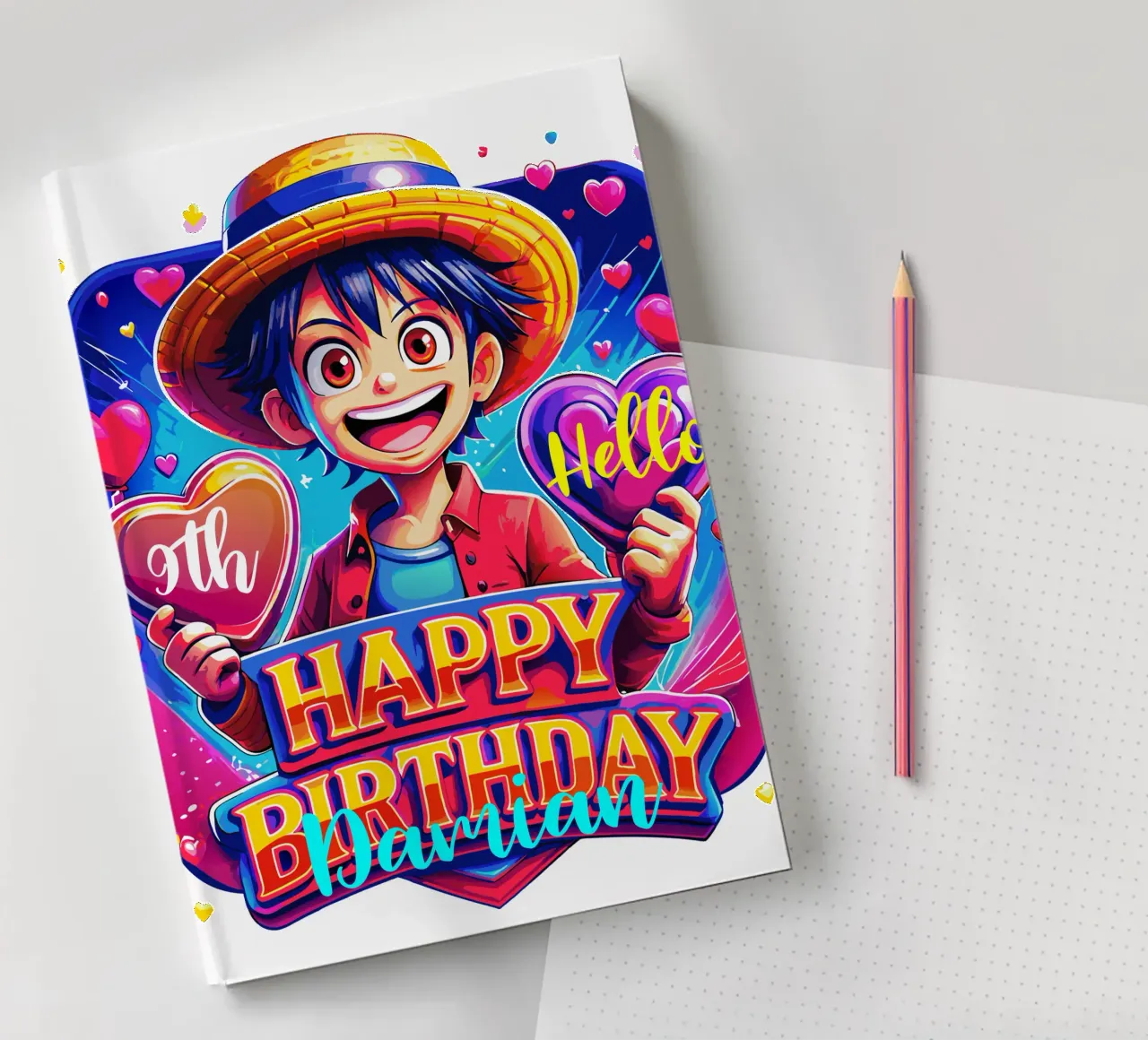 Luffy Anime Birthday Kids - Custom Name and Age notebook by Artnesia