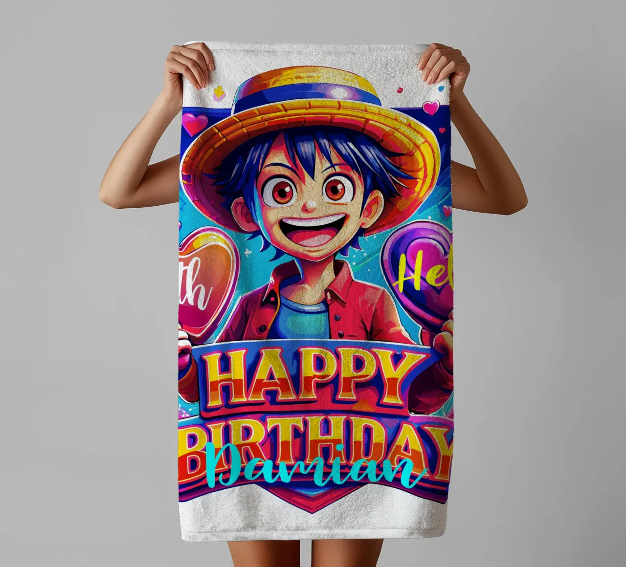 Luffy Anime Birthday Kids - Custom Name and Age towel by Artnesia