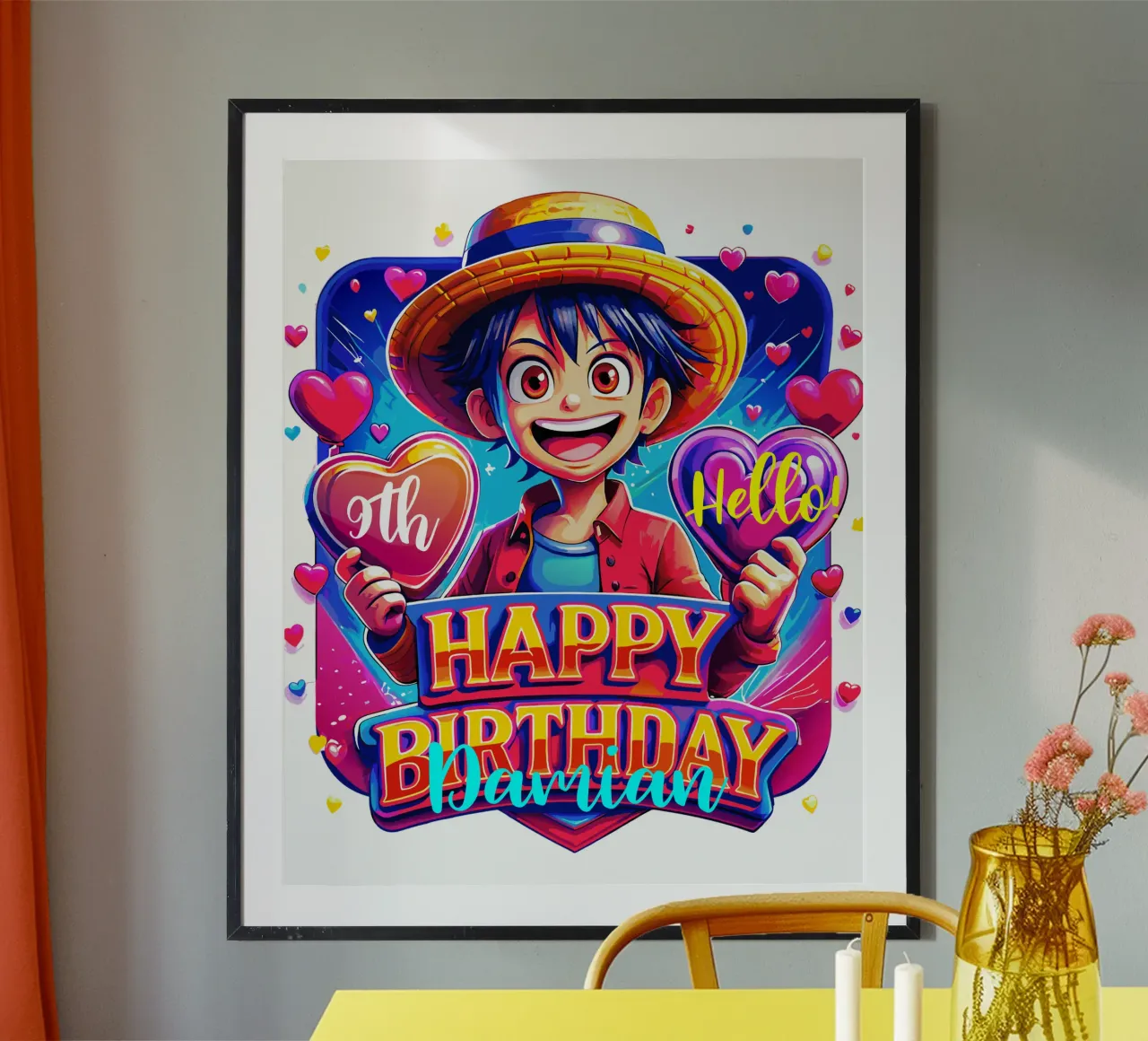Luffy Anime Cumpleaños Niños - Personalizar Nombre y Edad poster con marco de aluminio de Artnesia