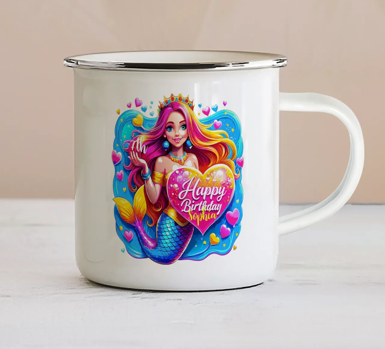 Magisch zeemeerminverjaardagsgeschenk - aangepaste naam en leeftijd emaille mok van Artnesia