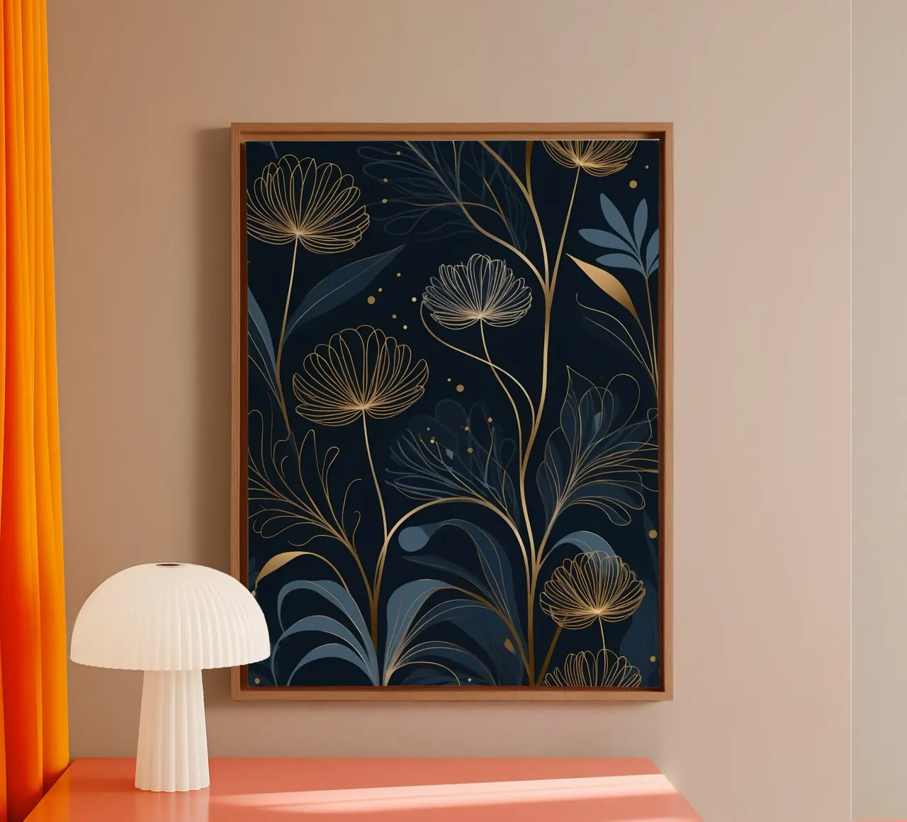 Goldener Wandteppich mit Blumen Leinwand mit Schattenfugenrahmen von Artistic-shop