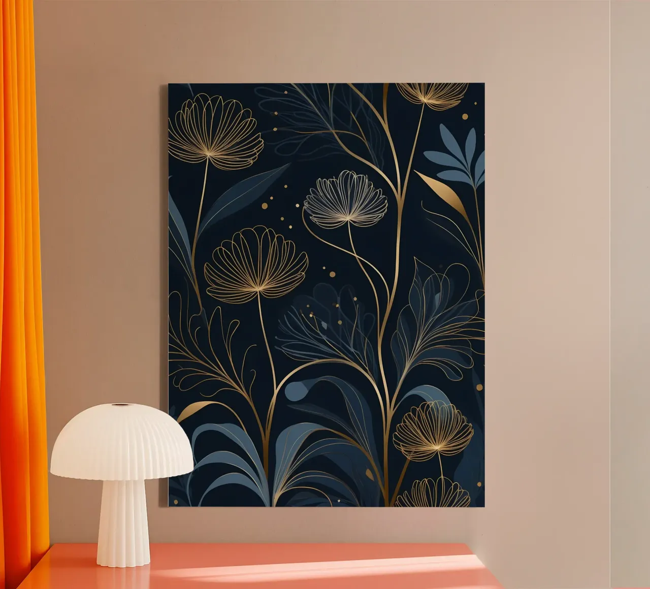Goldener Wandteppich mit Blumen Leinwand mit Schattenfugenrahmen von Artistic-shop