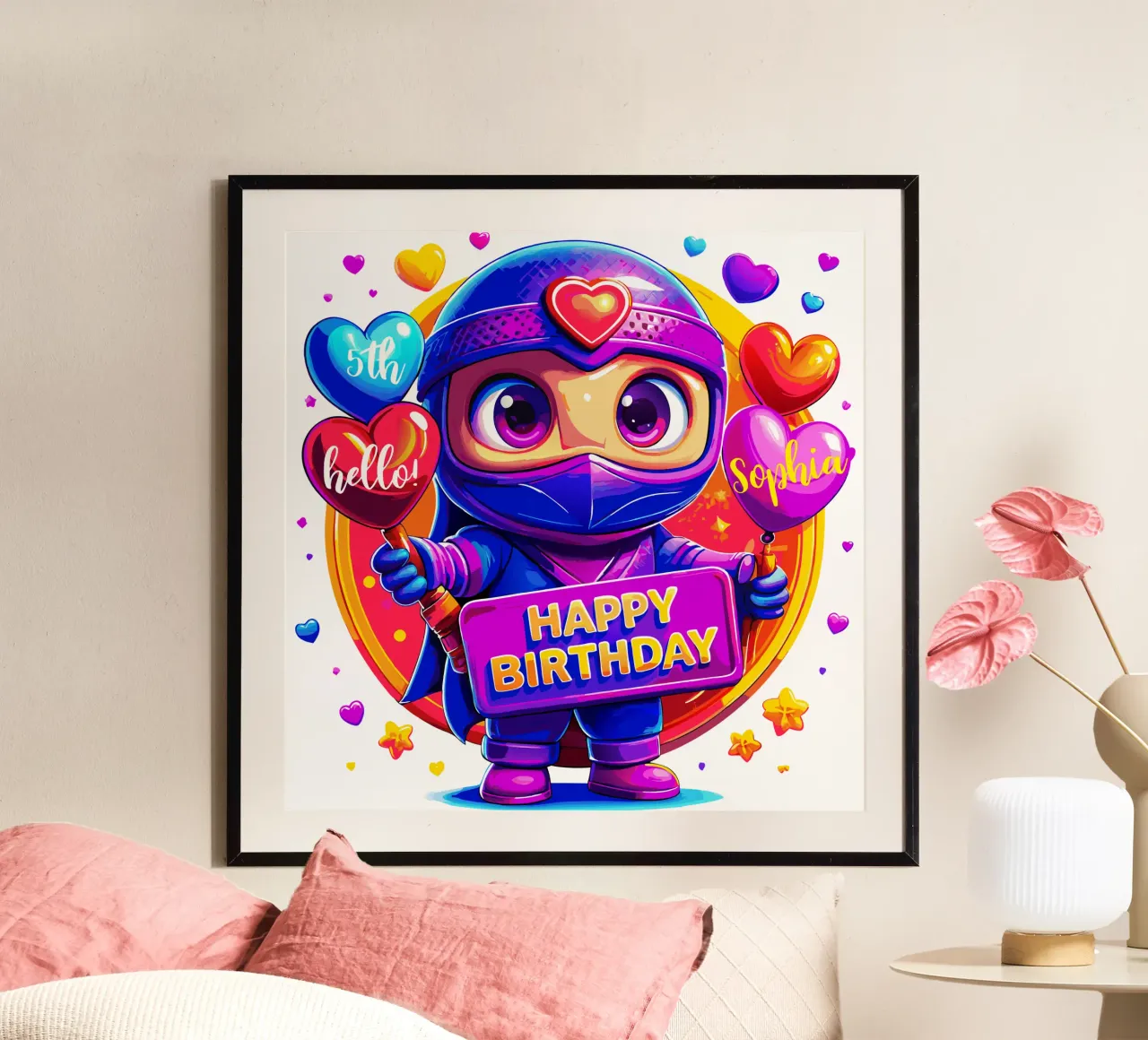 Un simpatico romanticismo ninja! Momento speciale del compleanno - Testo personalizzato poster con telaio in alluminio da Artnesia