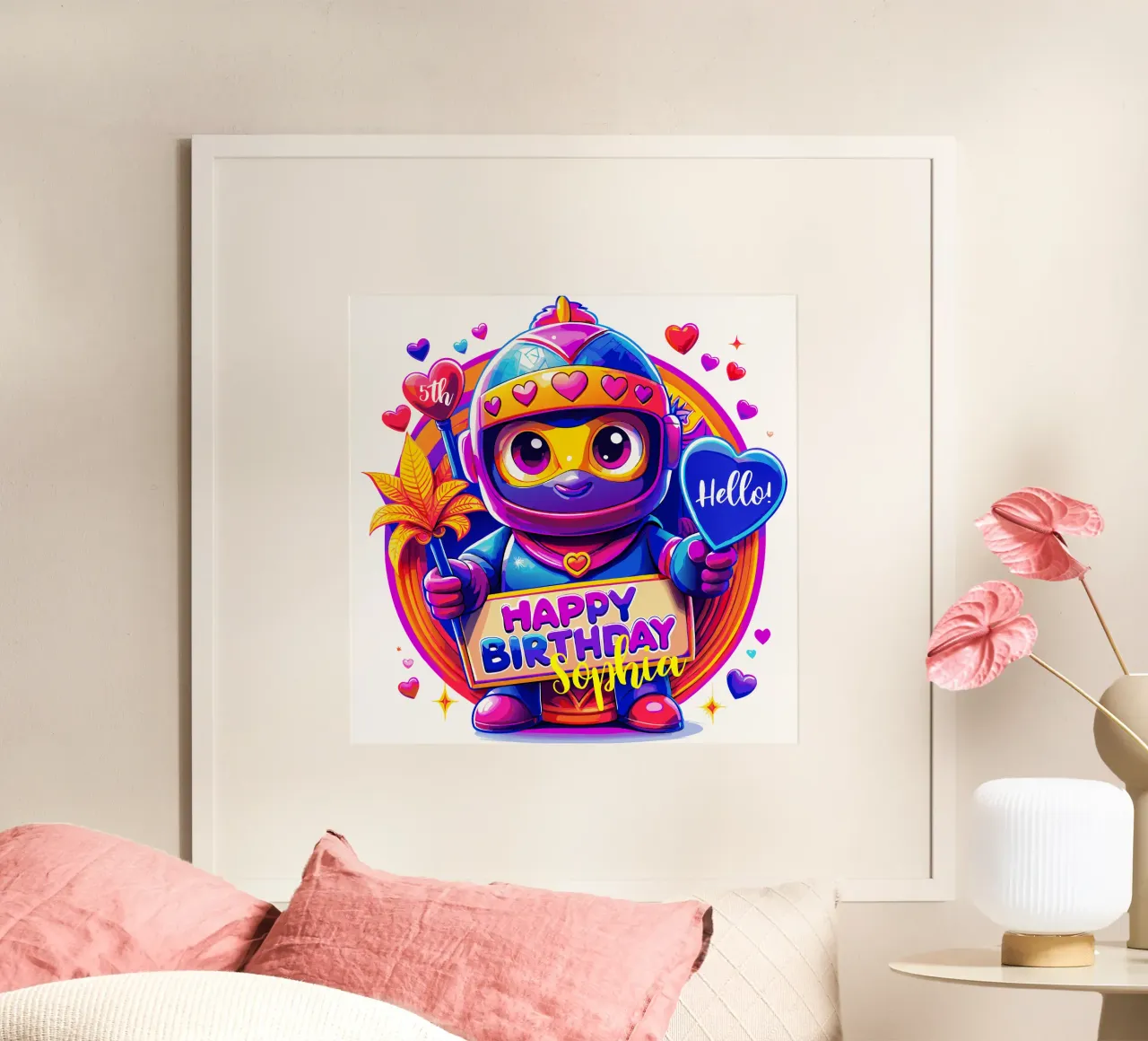 Ninja Romanticismo carino! Compleanno speciale - Testo personalizzato poster con telaio in alluminio da Artnesia