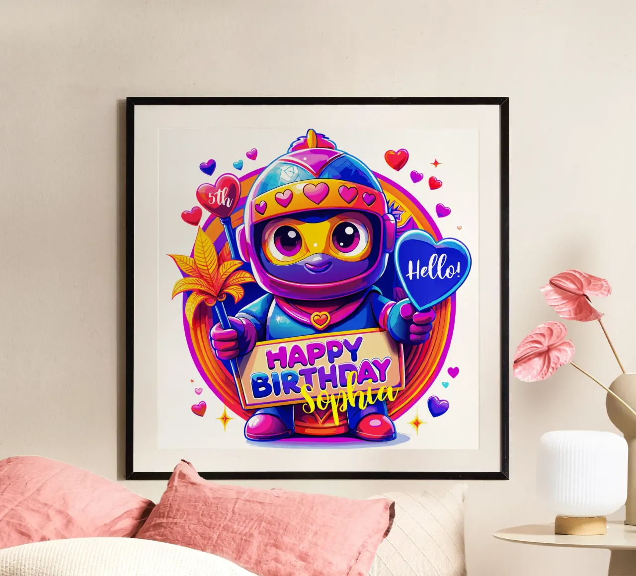 Ninja Romanticismo carino! Compleanno speciale - Testo personalizzato poster con telaio in alluminio da Artnesia
