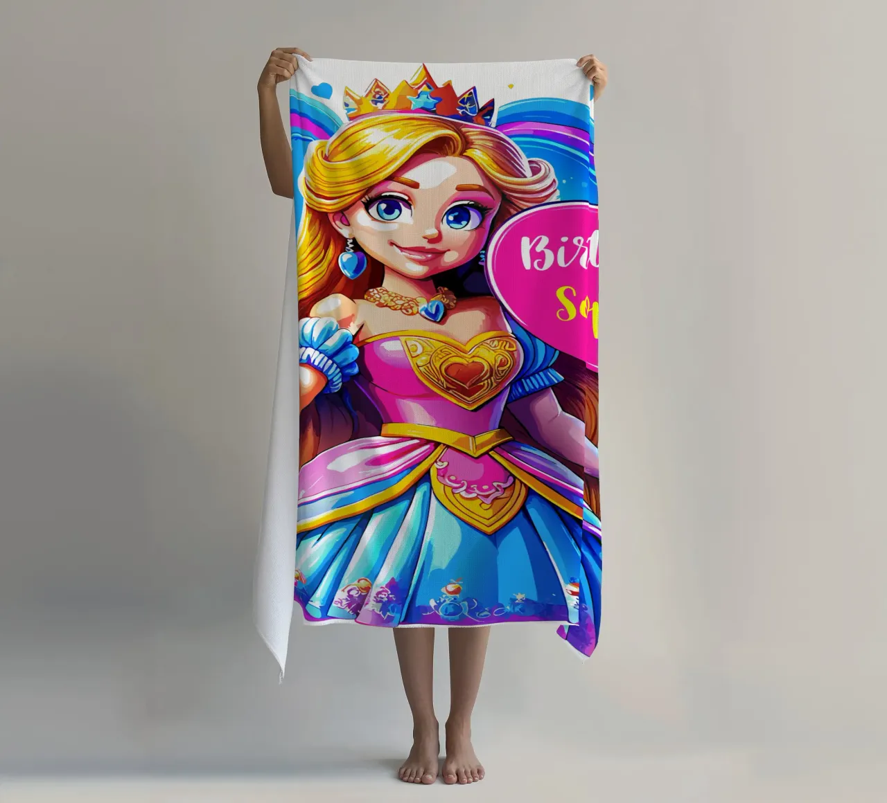 Compleanno della principessa - Testo personalizzato telo mare da Artnesia