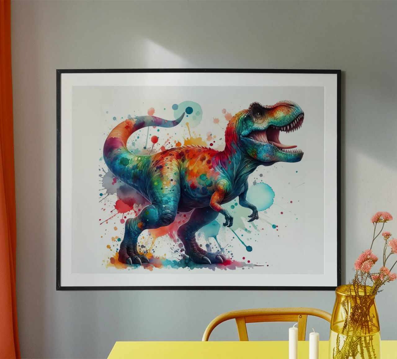 dinosaurio tiranosaurio rex en acuarela poster de ARTVI-SHOP