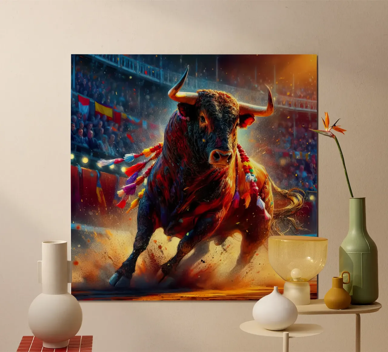 toro in plaza de españa poster con telaio in alluminio da 🎁 ARTVI-SHOP
