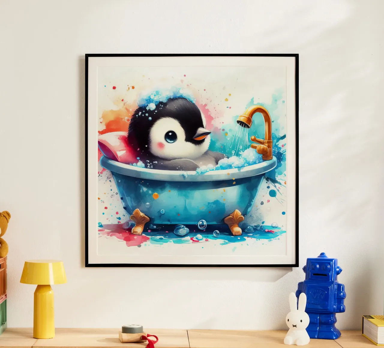 Un cucciolo di pinguino nella vasca da bagno poster da 🎁 ARTVI-SHOP