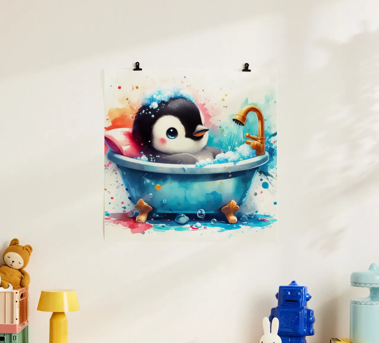Un cucciolo di pinguino nella vasca da bagno poster da 🎁 ARTVI-SHOP