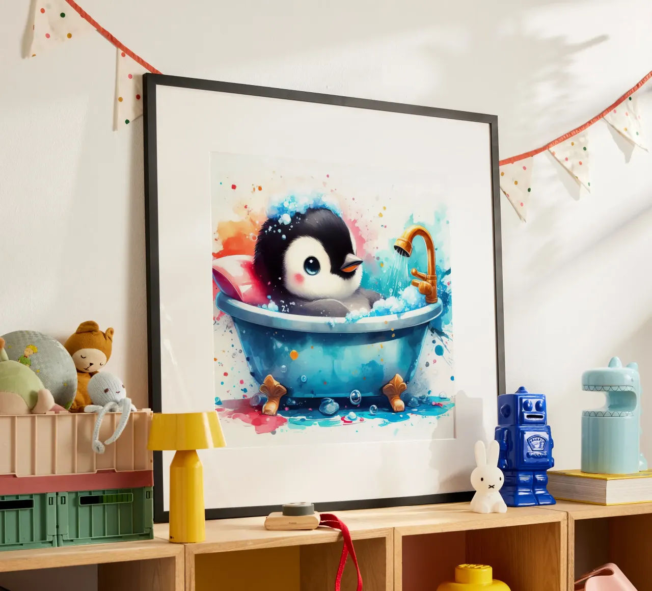 Un cucciolo di pinguino nella vasca da bagno poster da 🎁 ARTVI-SHOP