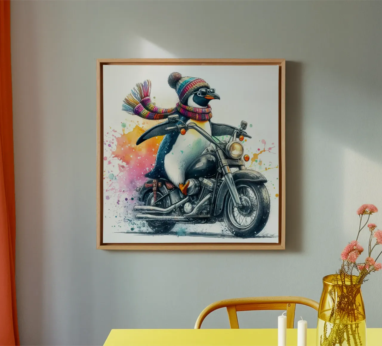biker penguin canvas with Floater frame by 🎁 ARTVI-SHOP