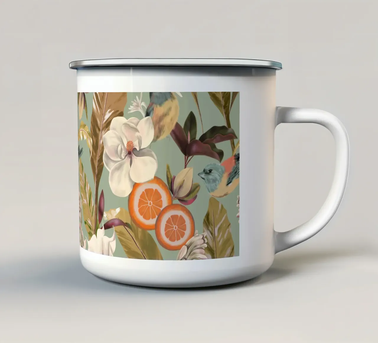 Tropical Leaves and Birds tazza in smalto da anisillustration