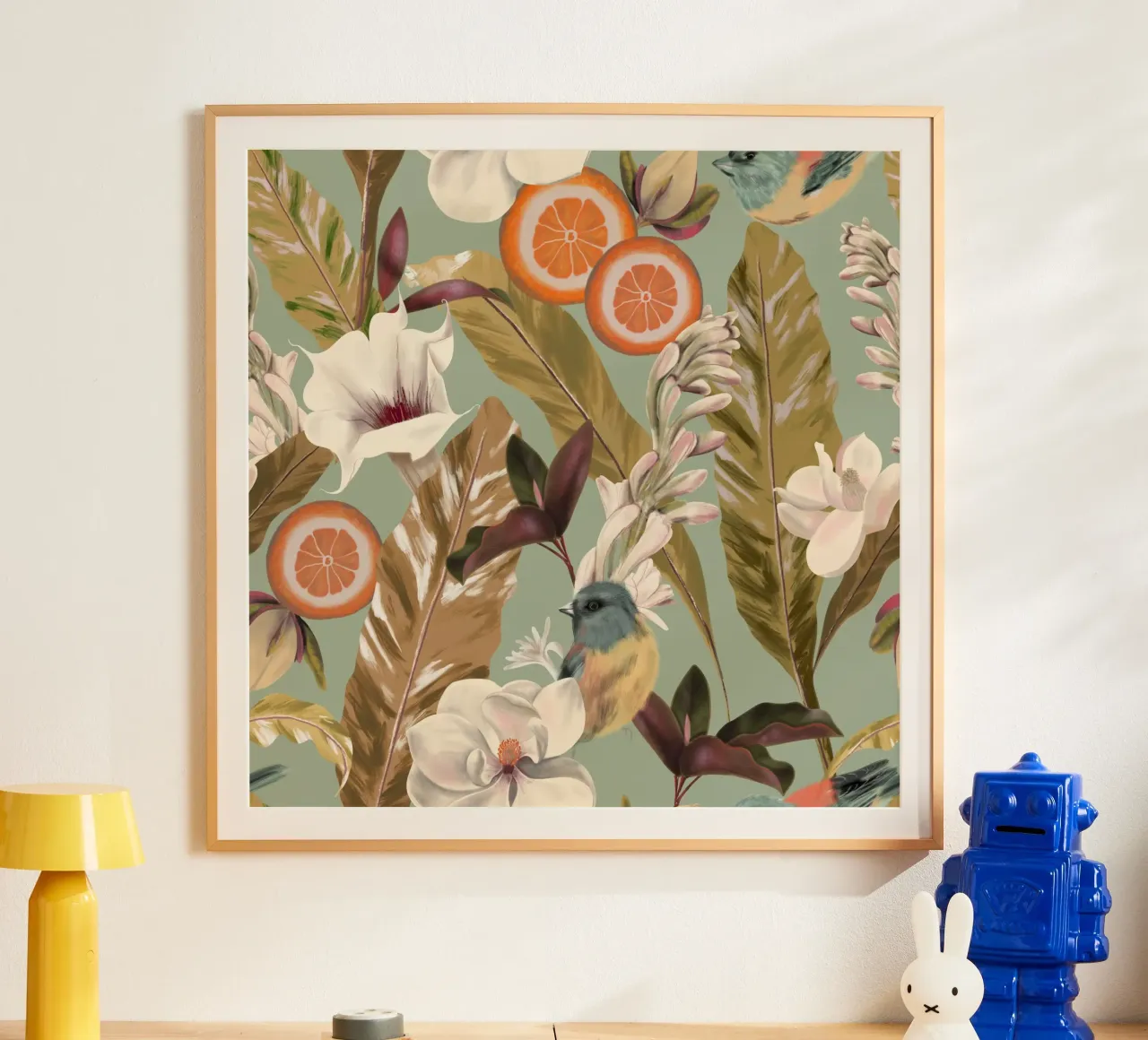 Tropical Leaves and Birds poster con telaio in plastica da anisillustration