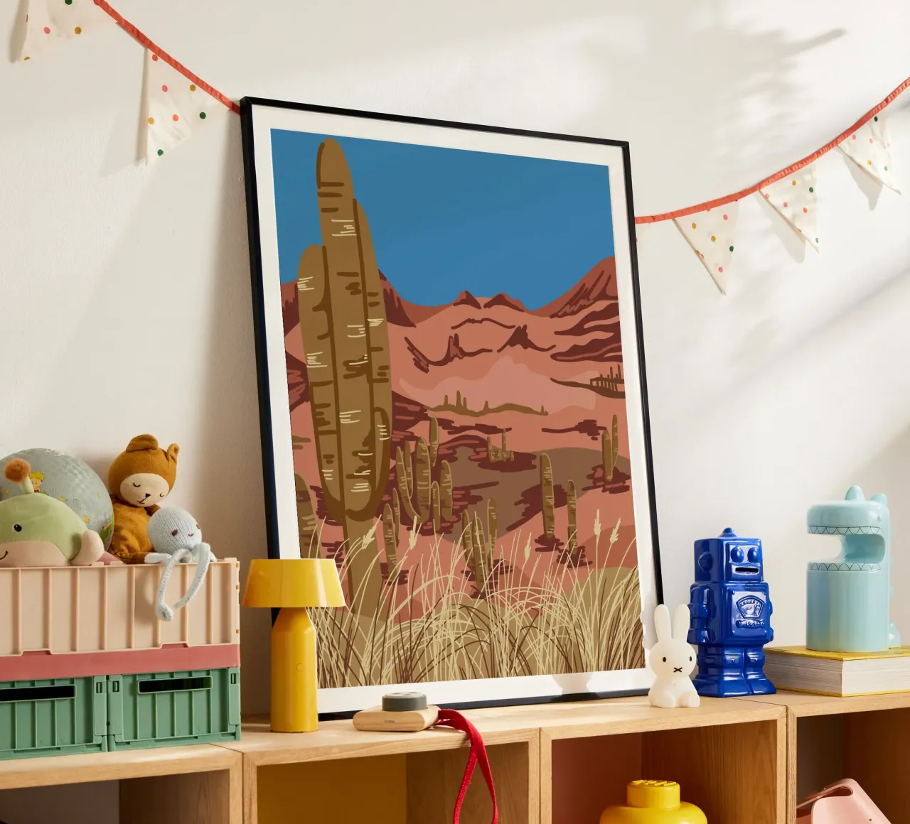 Desert Cactus Landscape poster con telaio in plastica da anisillustration