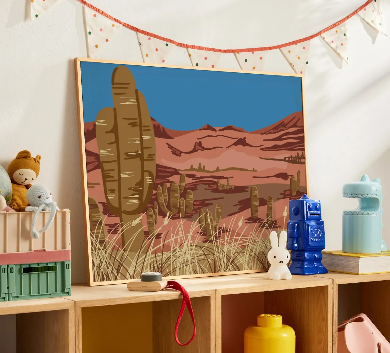 Desert Cactus Landscape poster con telaio in plastica da anisillustration