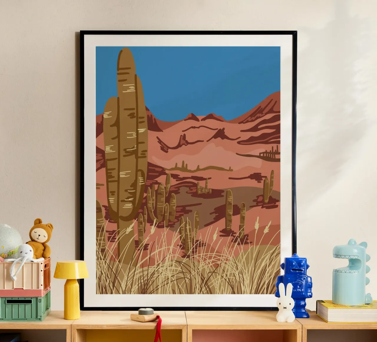Desert Cactus Landscape poster con telaio in plastica da anisillustration