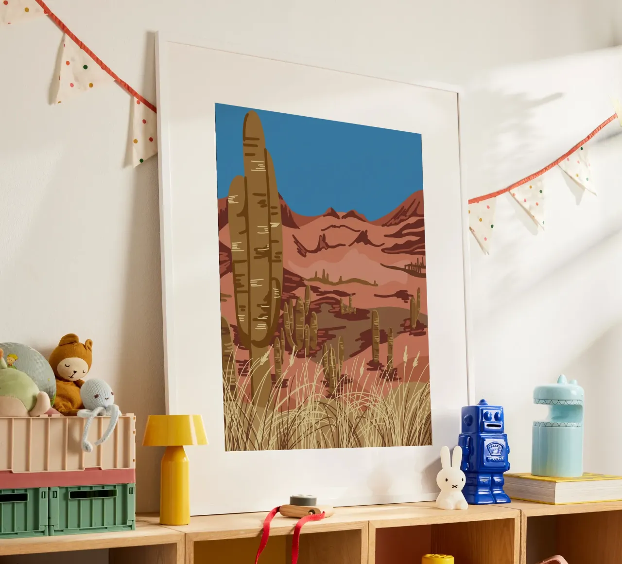 Desert Cactus Landscape poster con telaio in plastica da anisillustration