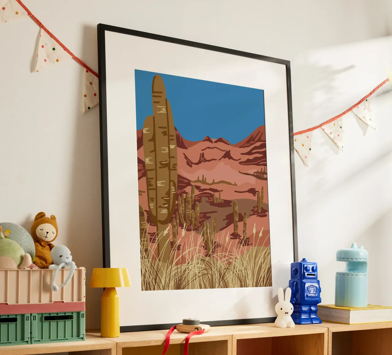 Desert Cactus Landscape poster con telaio in plastica da anisillustration