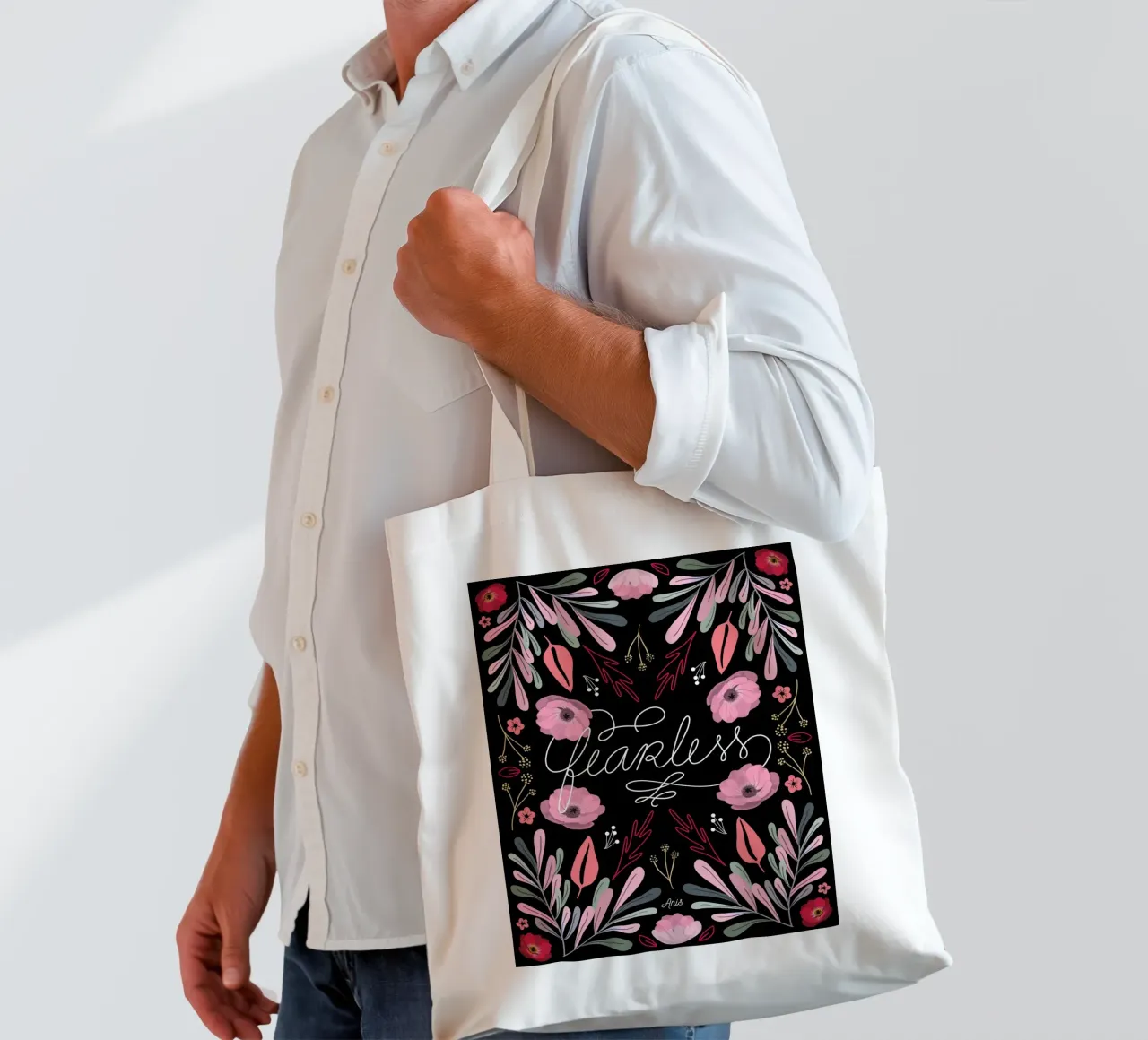 Fearless Quote Mirrored Flowers borsa in juta da anisillustration
