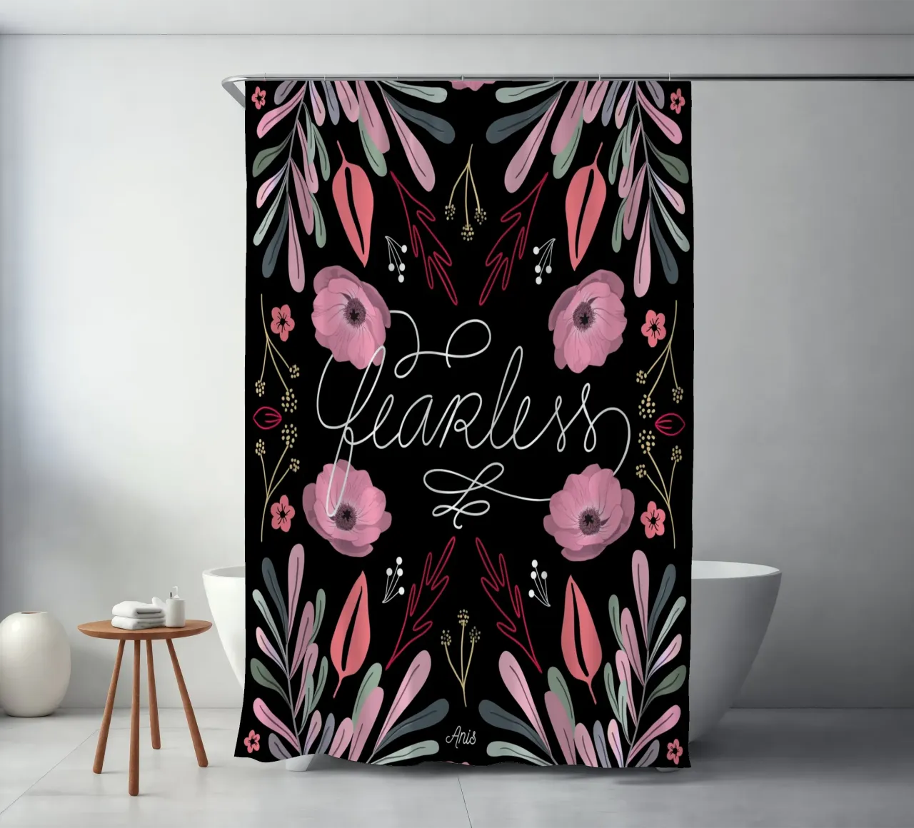 Fearless Quote Mirrored Flowers shower curtain by anisillustration