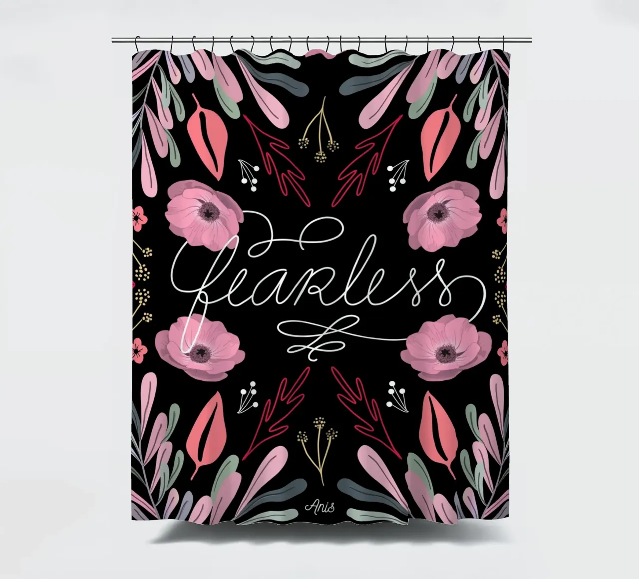 Fearless Quote Mirrored Flowers shower curtain by anisillustration