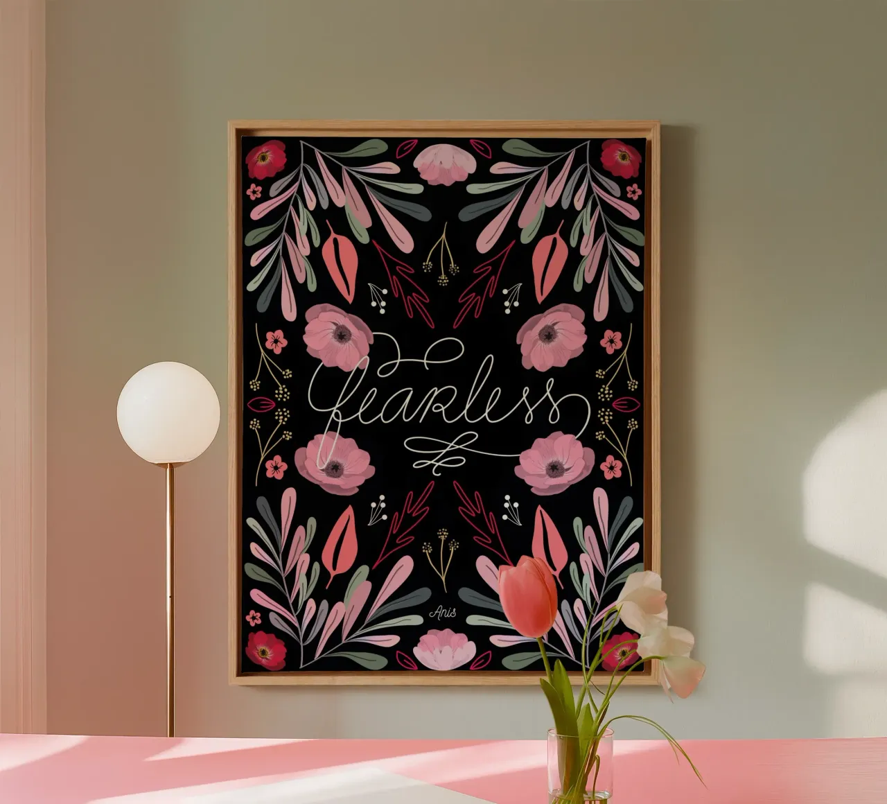 Fearless Quote Mirrored Flowers tela con Cornice a cassetta da anisillustration