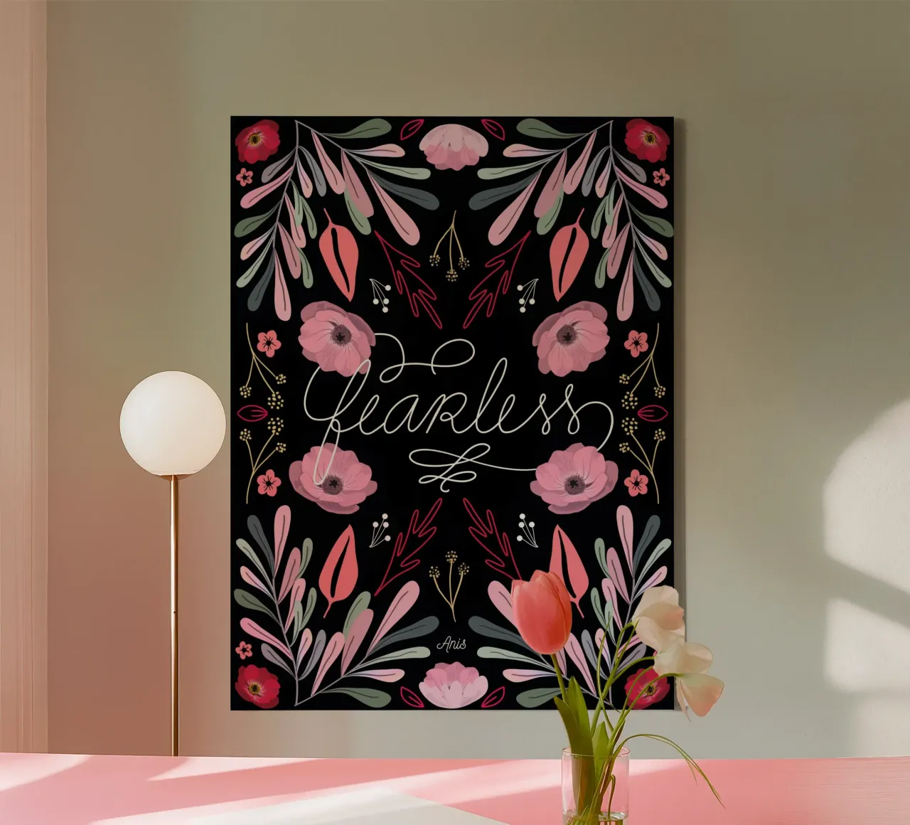 Fearless Quote Mirrored Flowers tela con Cornice a cassetta da anisillustration