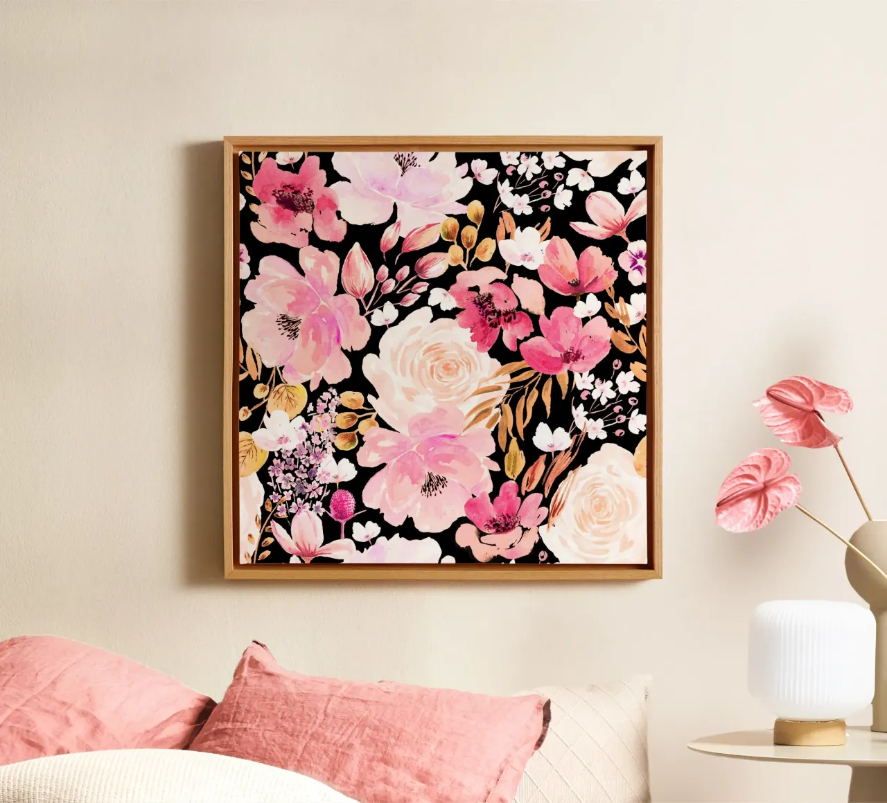Floral Chaos Pattern Pink and Black tela con Cornice a cassetta da anisillustration