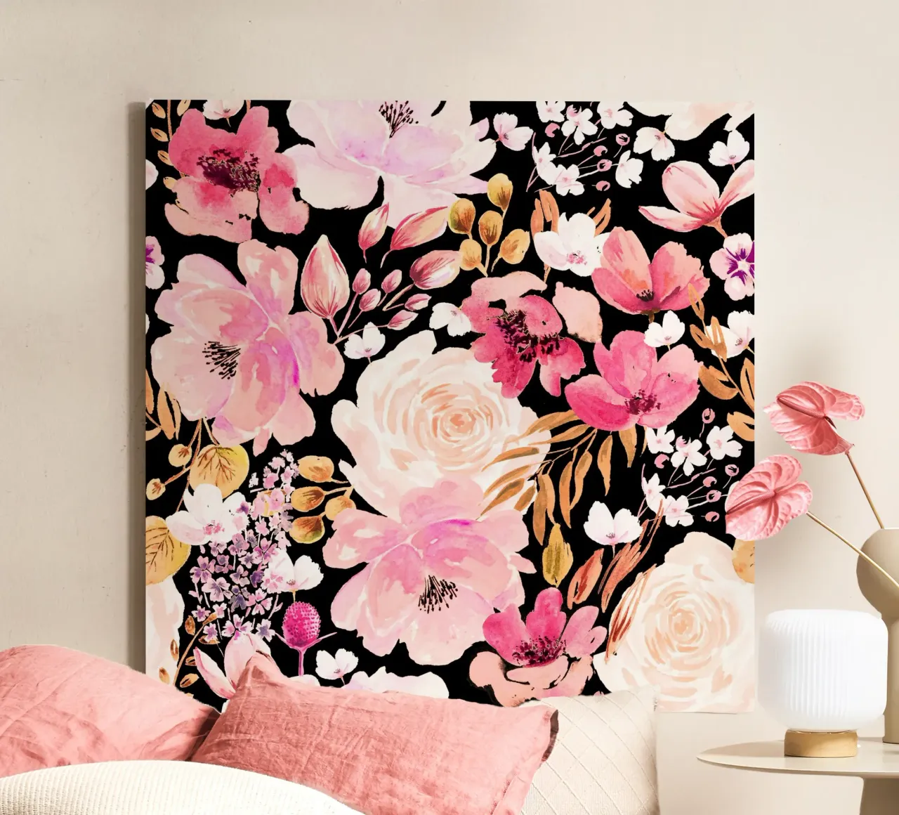 Floral Chaos Pattern Pink and Black tela con Cornice a cassetta da anisillustration
