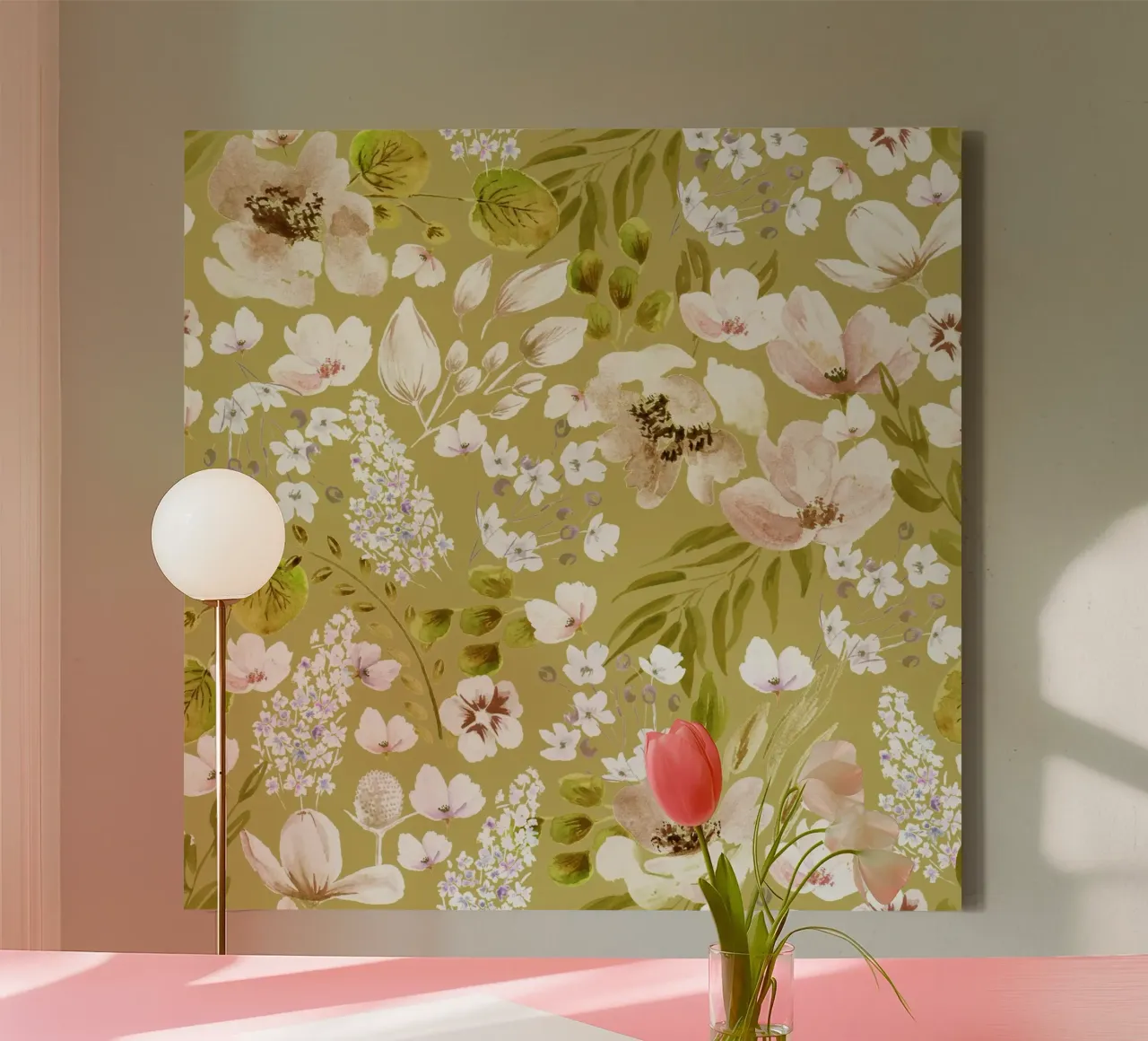 Yellow Watercolor Flowers Pattern tela con Cornice a cassetta da anisillustration