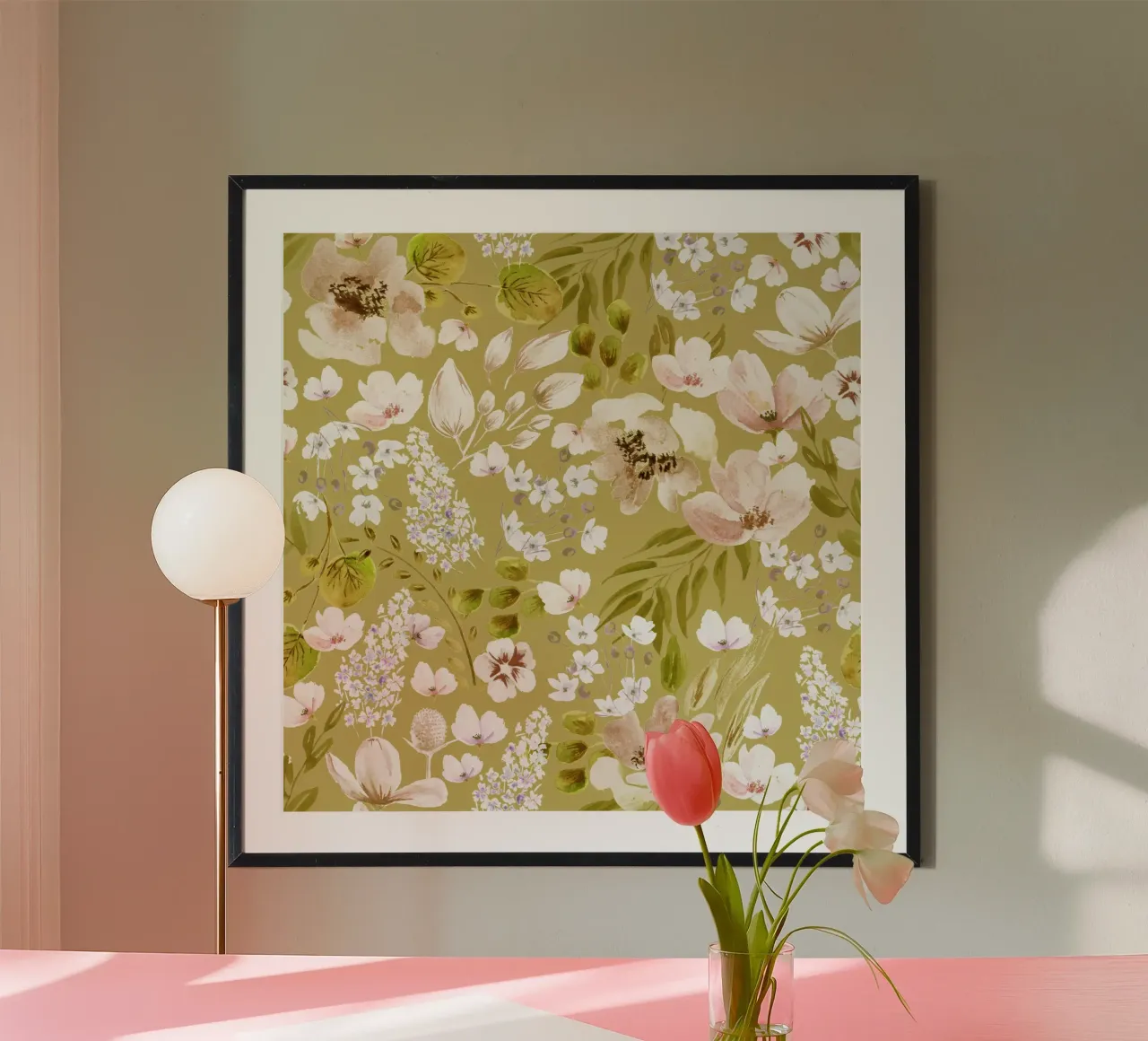 Yellow Watercolor Flowers Pattern poster con telaio in alluminio da anisillustration