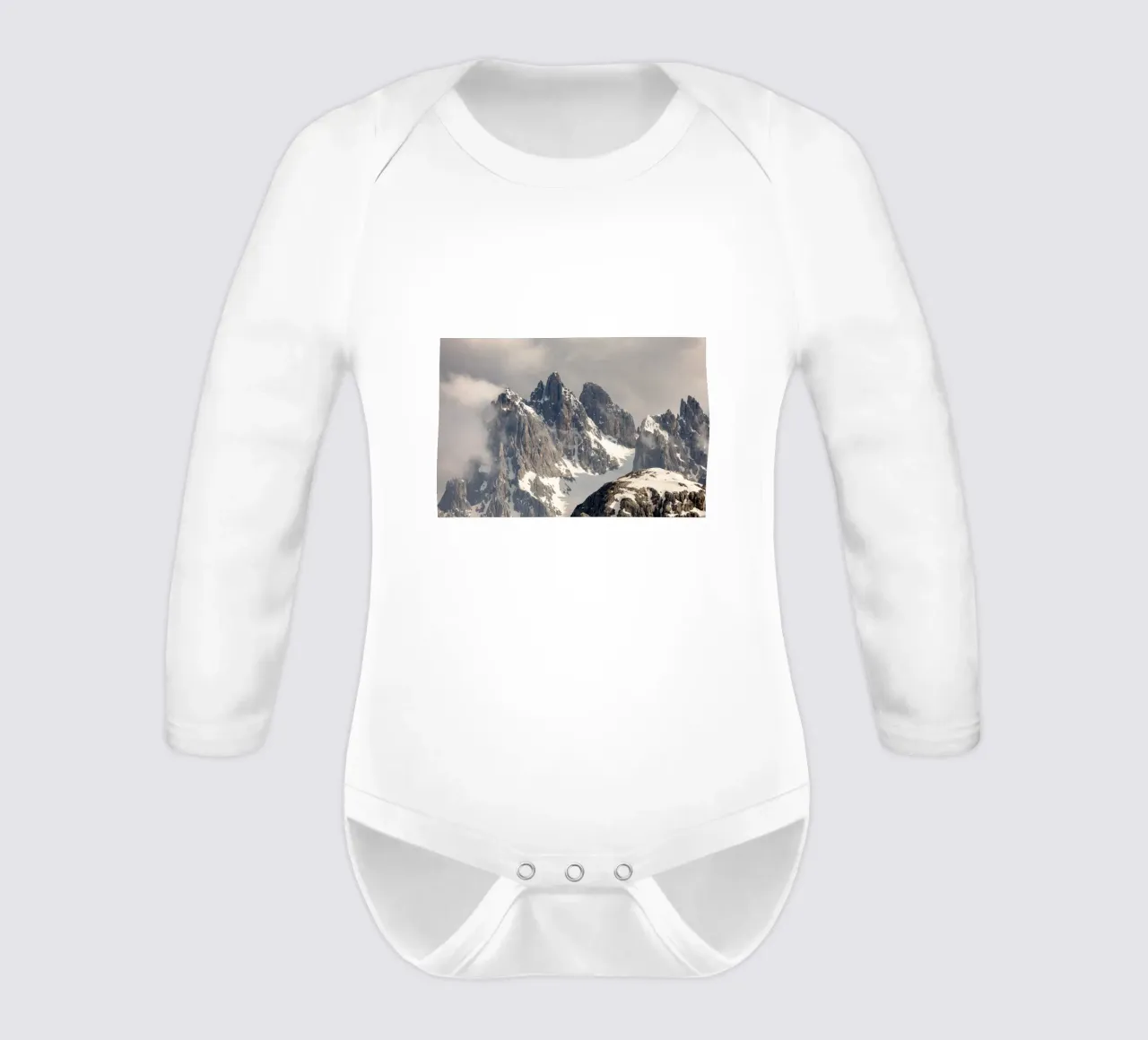 Dolomite alps with snow long-sleeve baby romper by karijn_landscapes