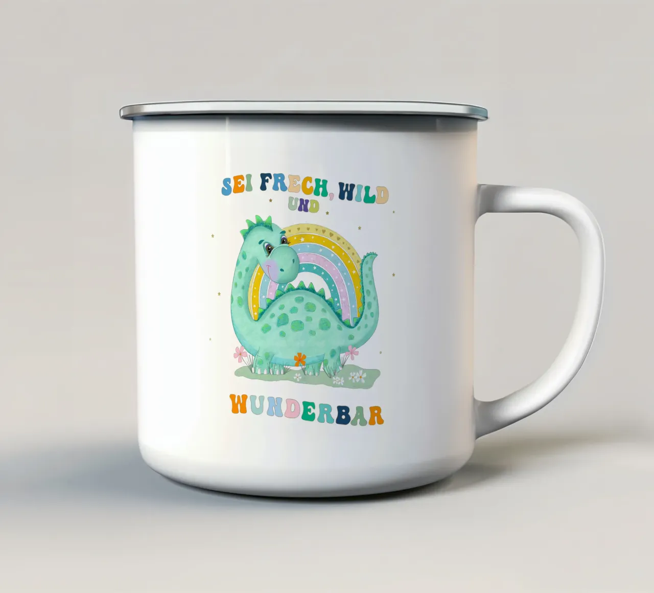Dinosauro con arcobaleno: siate sfrontati, selvaggi e meravigliosi. tazza in smalto da CalliLetters