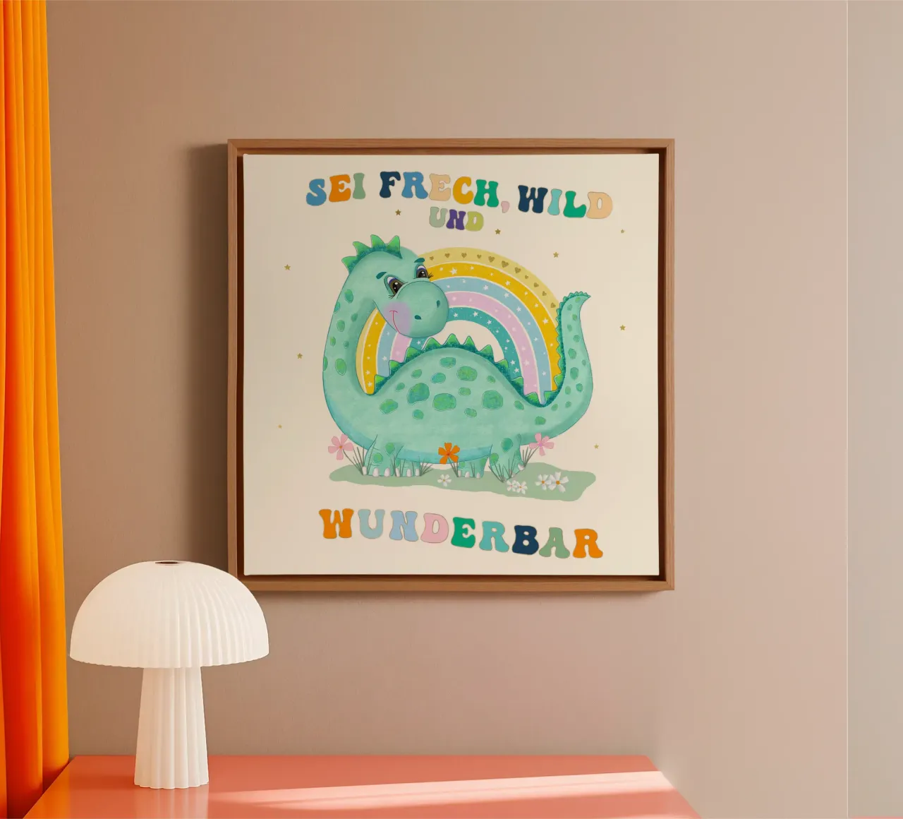 Dinosaur with rainbow: Be cheeky, wild and wonderful. canvas by CalliLetters