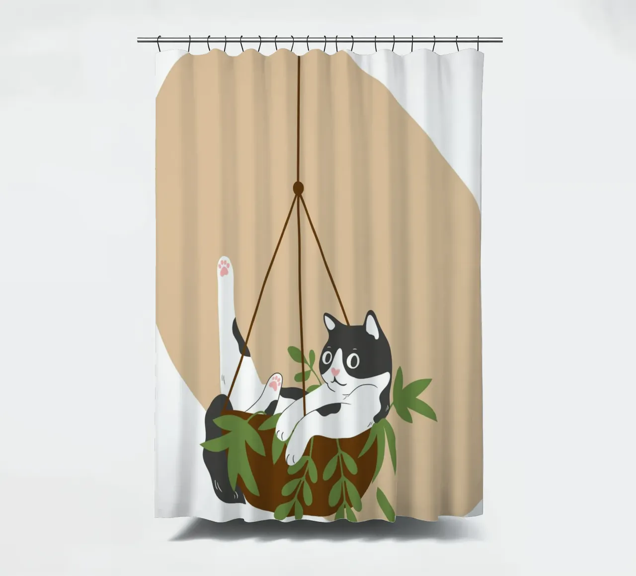 black and white cat playfully lounges in a hanging tenda da doccia da LisaArtes