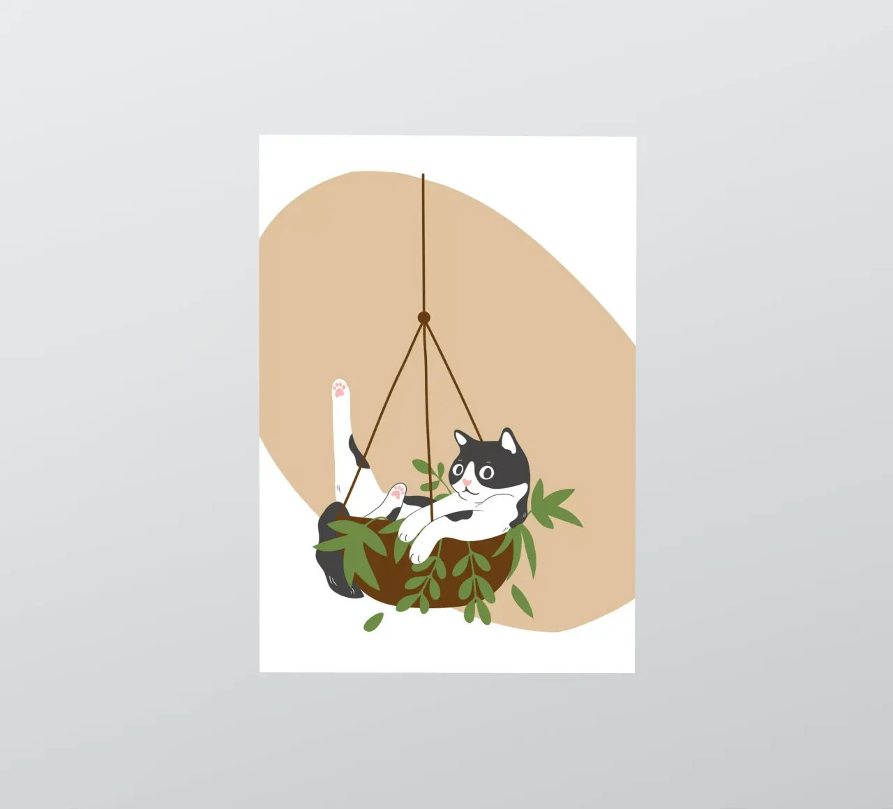 black and white cat playfully lounges in a hanging sticker by LisaArtes