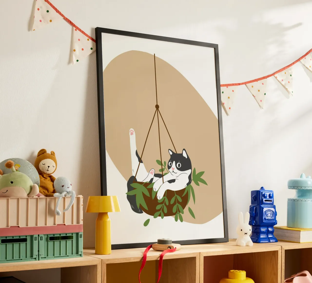 black and white cat playfully lounges in a hanging carta hahnemühle da LisaArtes
