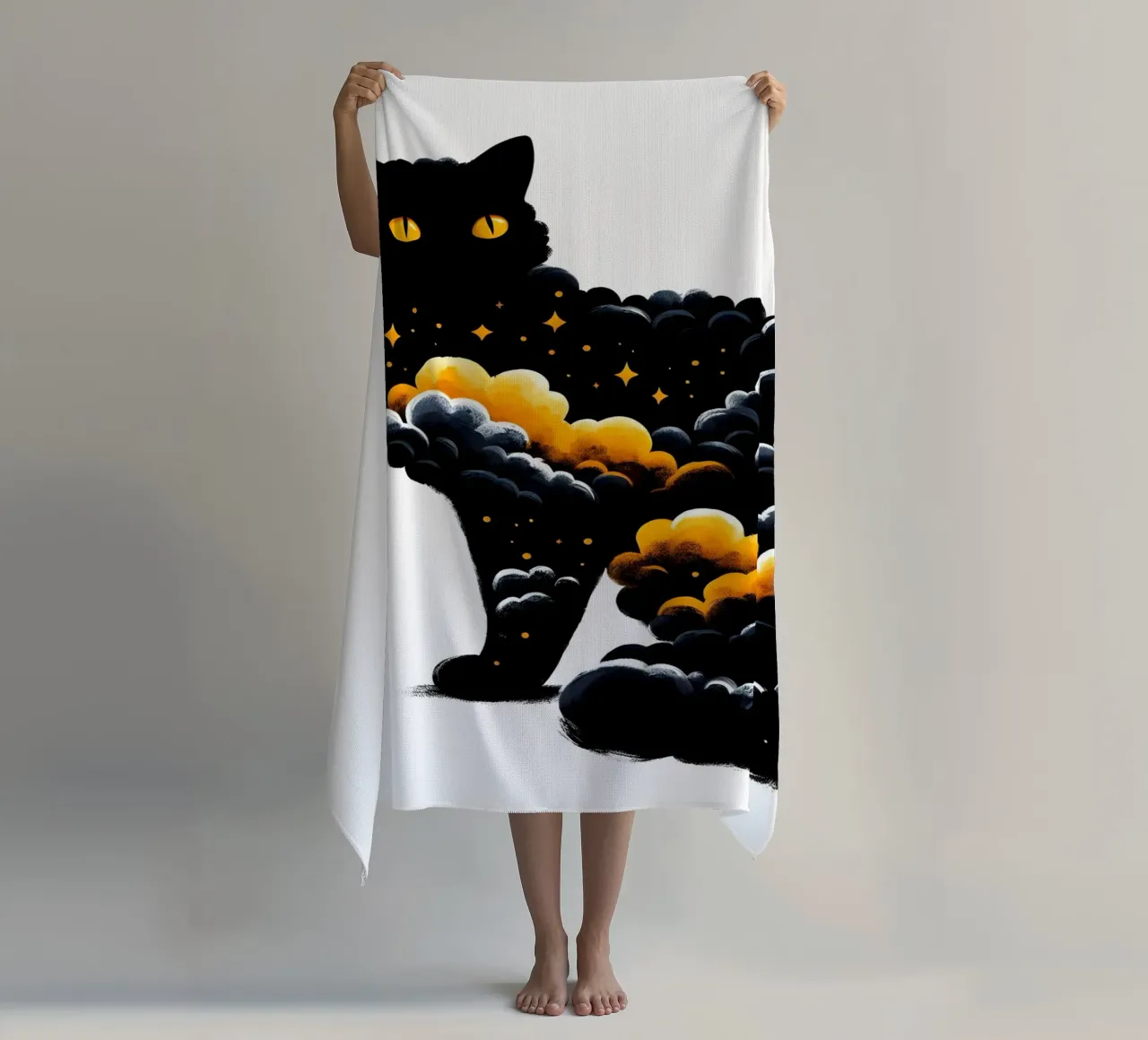 Gatto nero celeste telo mare da ARTOMATIC