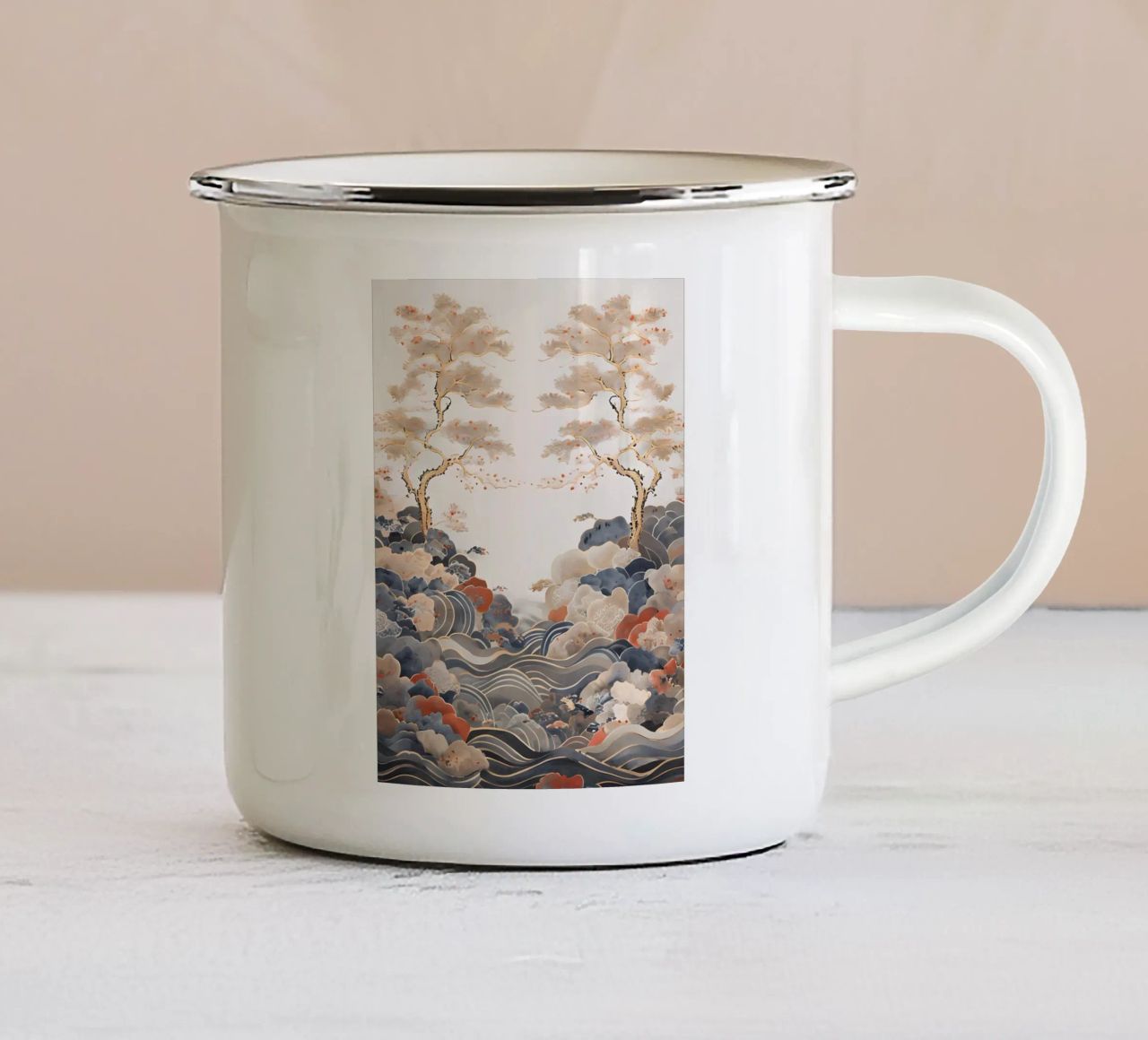 Serene pijnbomen en golven emaille mok van Artistic-shop