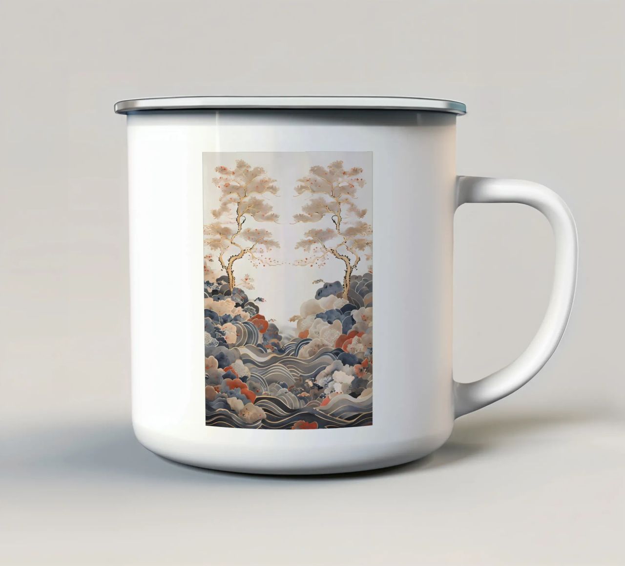 Serene pijnbomen en golven emaille mok van Artistic-shop